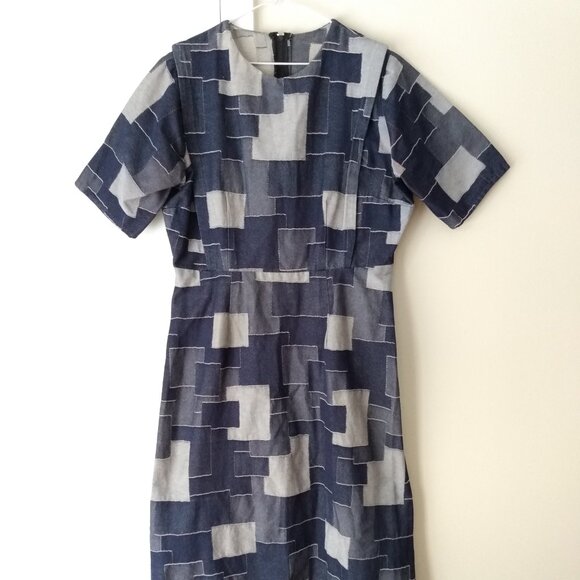 Handmade Denim Jean Patchwork Dress Plus Size 44.5"B 34"W Amish Mennonite Cape - Picture 1 of 14
